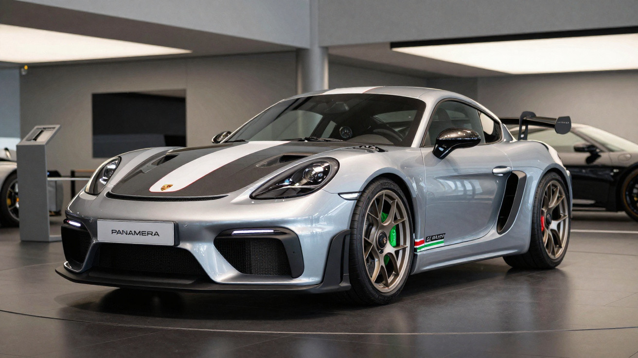 Carro desportivo Porsche prata com detalhes em preto e branco, apresentado numa sala de exposições moderna.