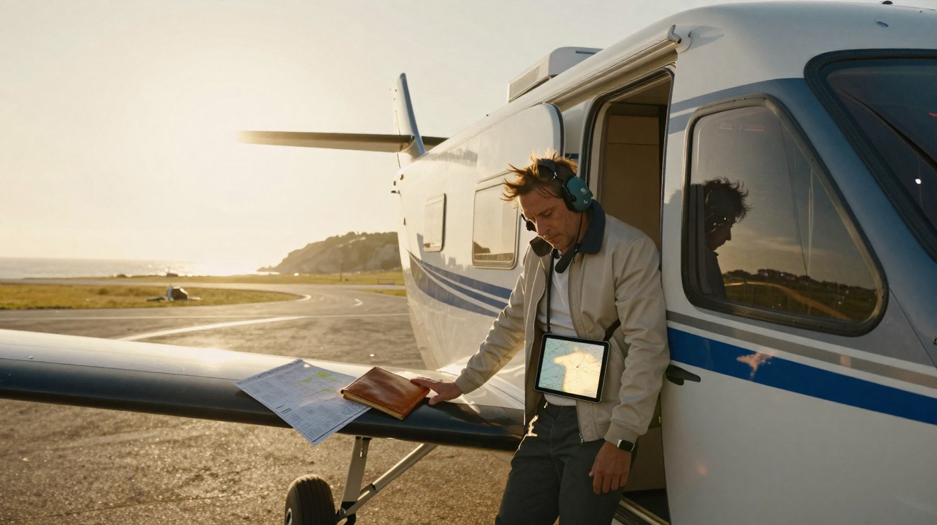 Homem com auscultadores e microfone usa tablet e mapas na asa de um pequeno avião ao pôr do sol.