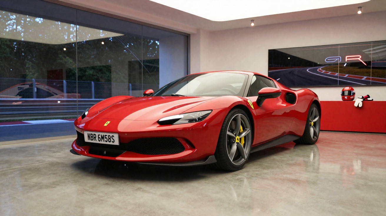 Ferrari vermelha desportiva estacionada em garagem moderna com piso polido e janela ampla.