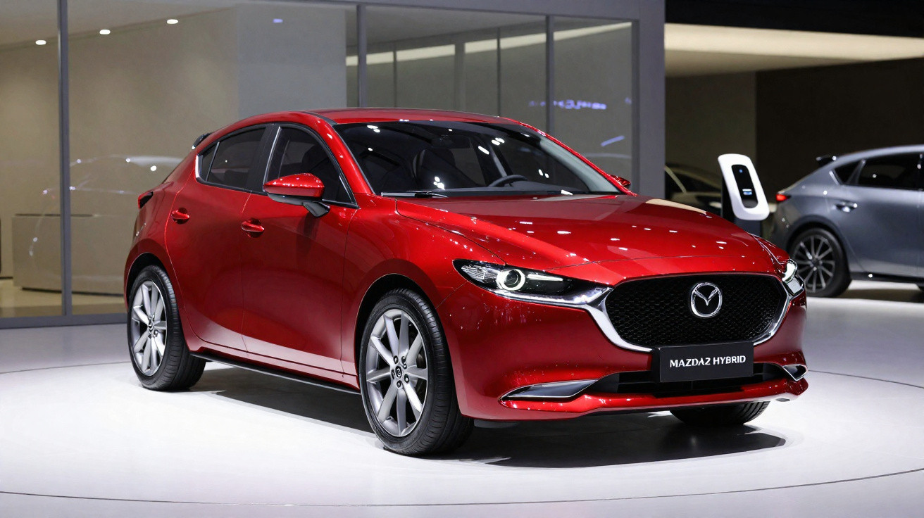 Carro Mazda2 Hybrid vermelho estacionado num salão de automóveis moderno com iluminação branca.