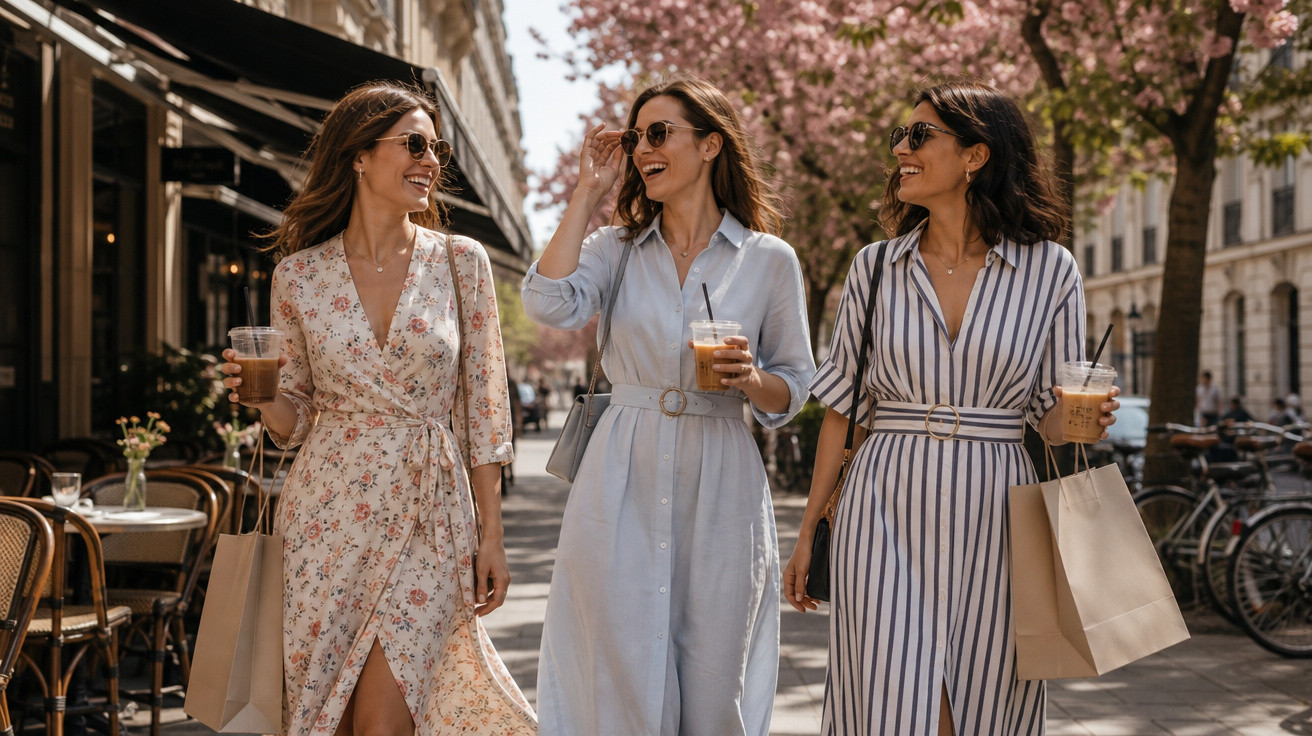 Três mulheres felizes a passear na cidade com vestidops elegantes, a beber café e a carregar sacos de compras.