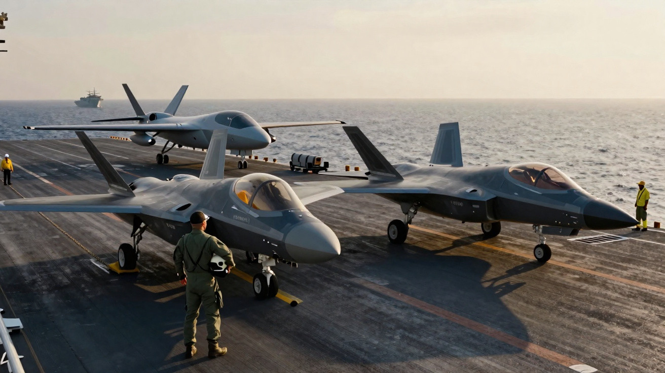 Três caças militares estacionados no convés de um porta-aviões ao entardecer com tripulantes próximos.