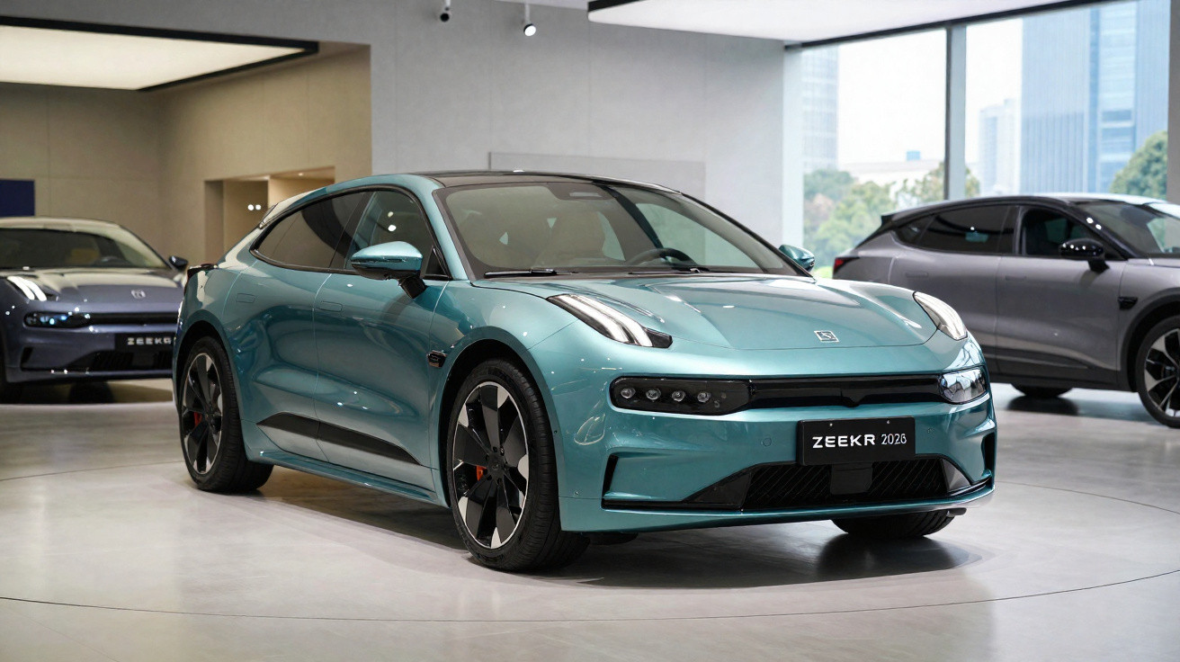 Carro elétrico azul ZEEKR 2025 exibido em salão moderno com outros veículos ao fundo.
