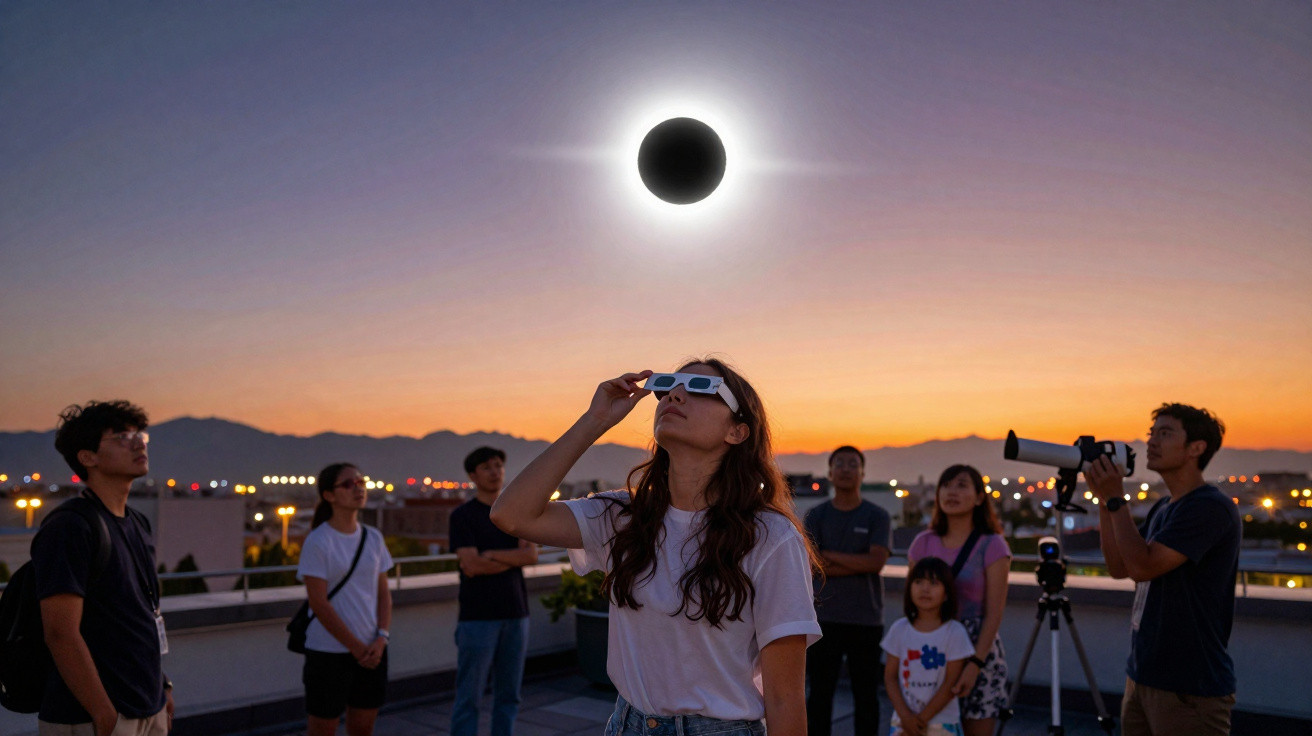 Grupo de pessoas a observar eclipse solar com óculos especiais numa varanda ao pôr do sol.