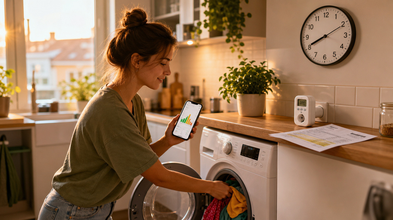 Mulher com smartphone a colocar roupa na máquina de lavar numa cozinha iluminada pela luz do pôr do sol.