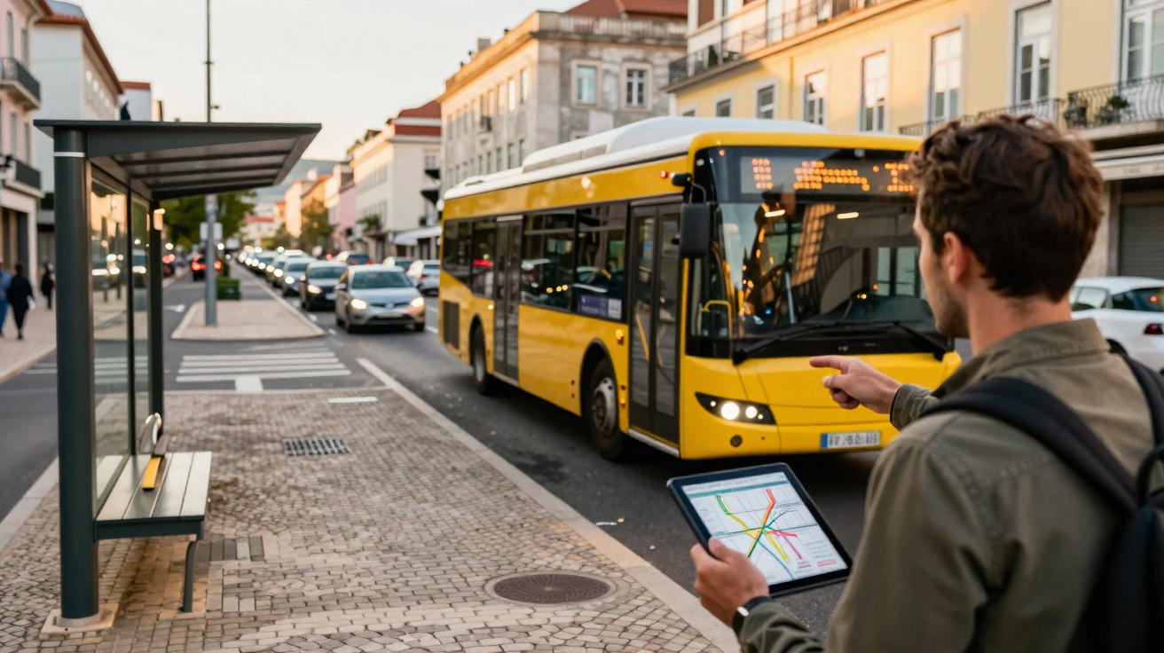 Homem espera autocarro amarelo numa paragem urbana com mapa do transporte público num tablet.