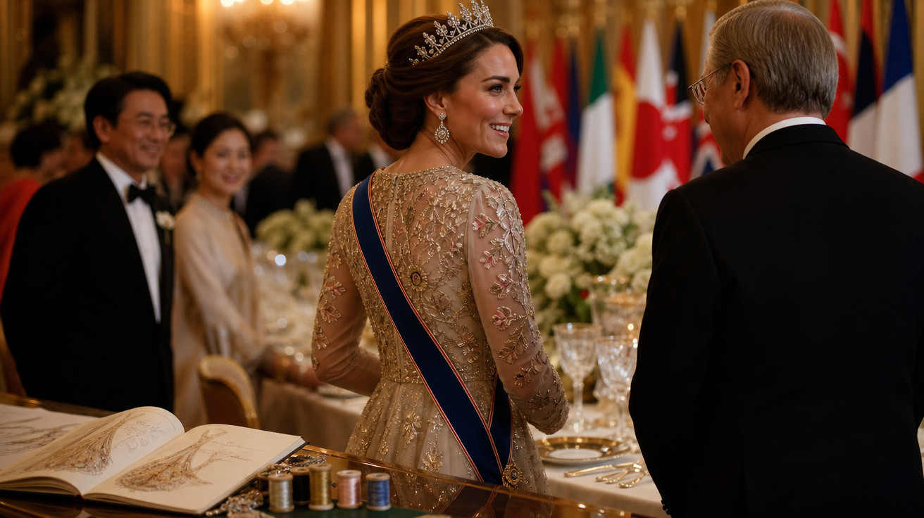 Mulher com vestido e tiara sorrindo em evento formal com homens e mulheres vestidos elegantemente à mesa.