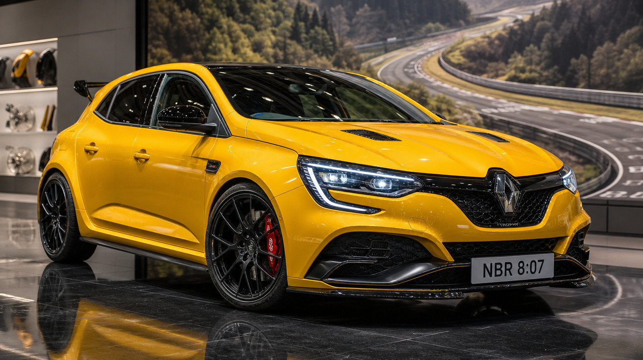 Carro desportivo Renault amarelo com jantes pretas exposto em salão automóvel com fundo de estrada sinuosa.