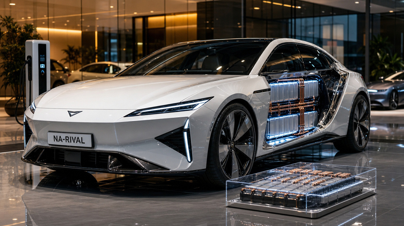 Carro elétrico branco futurista com bateria exposta numa exposição moderna e iluminação ambiente quente.