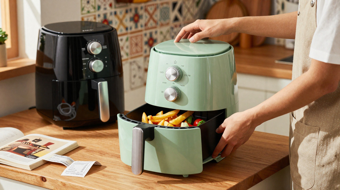 Pessoa a retirar batatas fritas e legumes de uma fritadeira elétrica verde numa cozinha moderna.