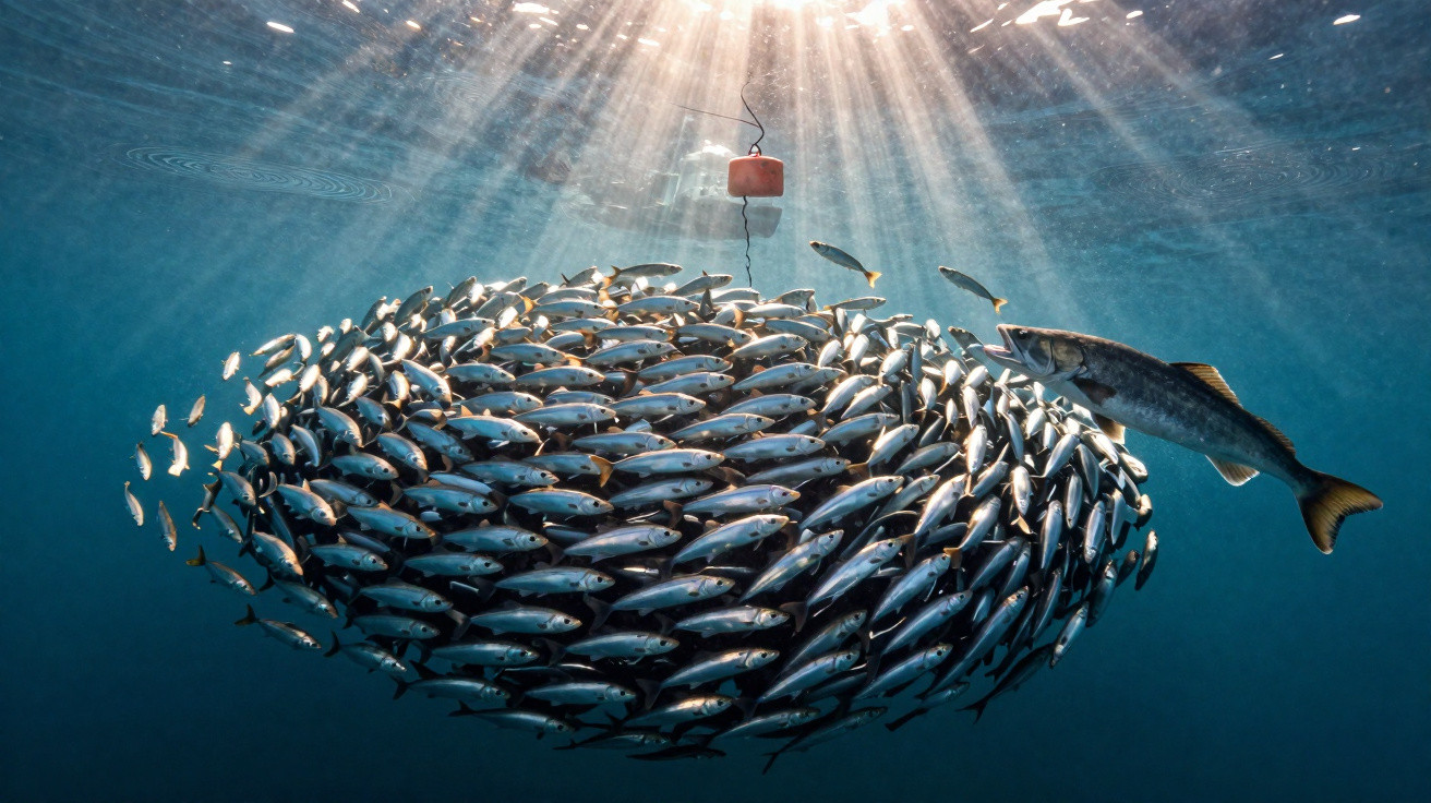 Cardume de peixes a nadar em círculo, com um peixe maior do lado direito e luz solar a penetrar na água.