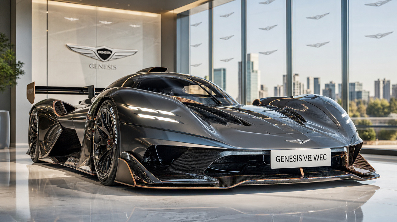 Carro desportivo preto Genesis V8 WEC exibido numa sala moderna com janelas grandes e vista urbana.