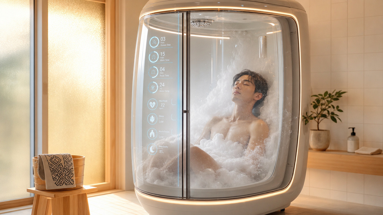 Homem relaxa numa moderna cápsula de banho com espuma num ambiente luminoso e minimalista.