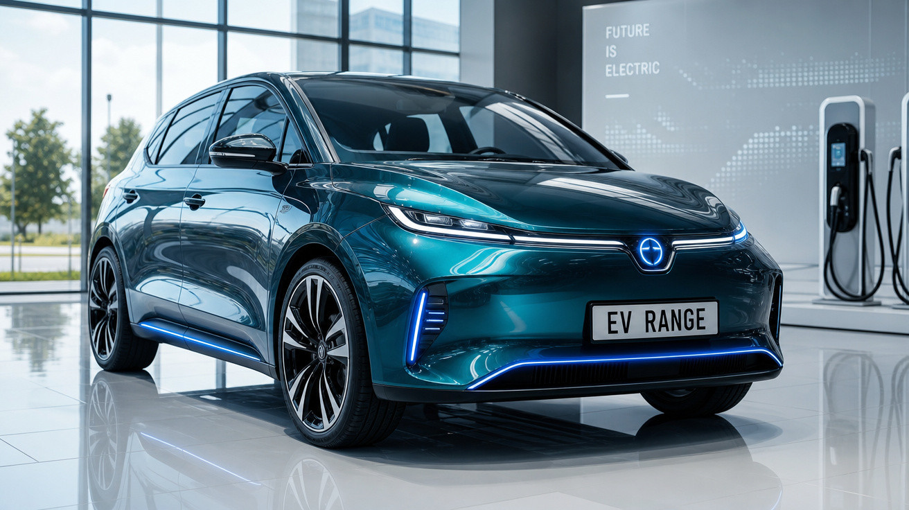 Carro elétrico azul metálico em exposição, com luzes LED azuis e placa "EV RANGE" numa sala moderna.