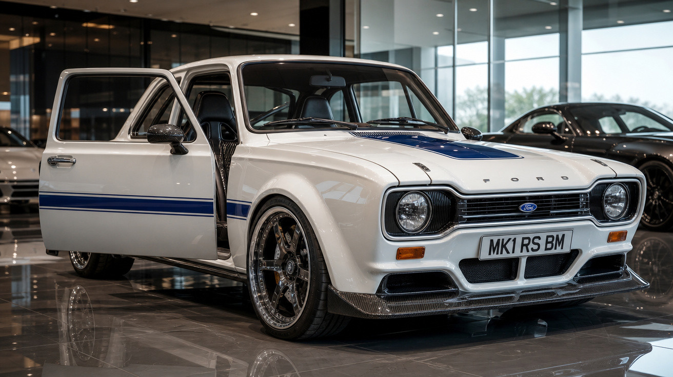 Carro desportivo clássico Ford branco com faixa azul, porta dianteira aberta, em salão iluminado.