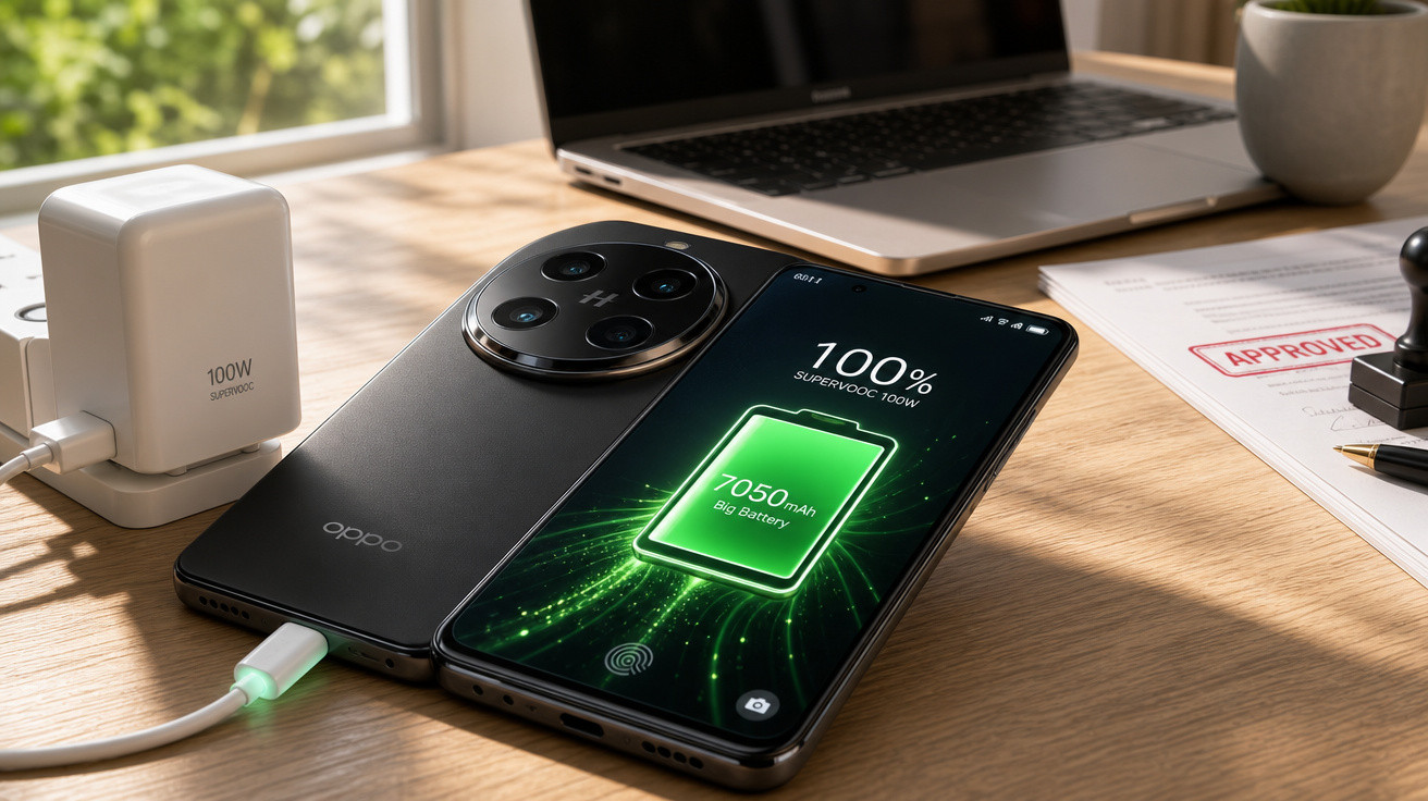 Smartphone Oppo a carregar com bateria de 7050mAh e carregador rápido de 100W numa secretária com portátil.