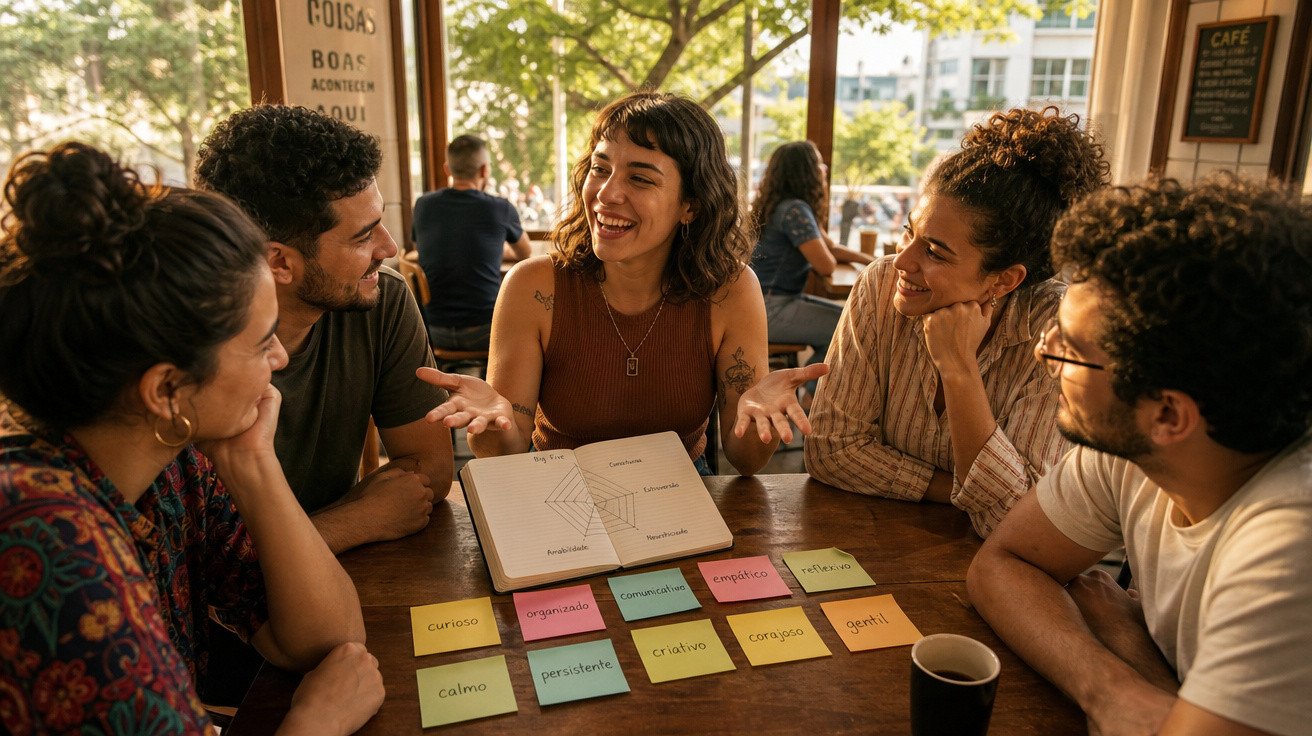 Grupo de cinco pessoas sentadas à mesa a discutir e sorrir com notas coloridas e caderno aberto à frente.