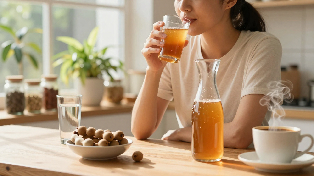 Pessoa a beber sumo de fruta num copo na cozinha com bacia de frutos e chá fumegante na mesa.