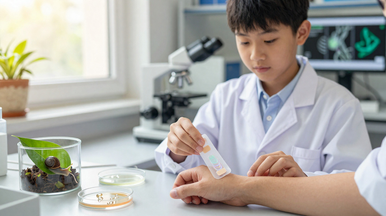 Criança em bata branca aplica teste de ph no braço de adulto em laboratório com microscópio e amostras.