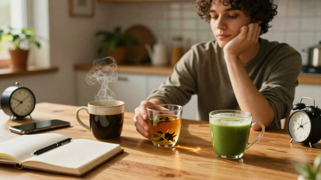 Pessoa pensativa segurando chá, com café fumegante, bebida verde, despertadores e caderno numa mesa de madeira.