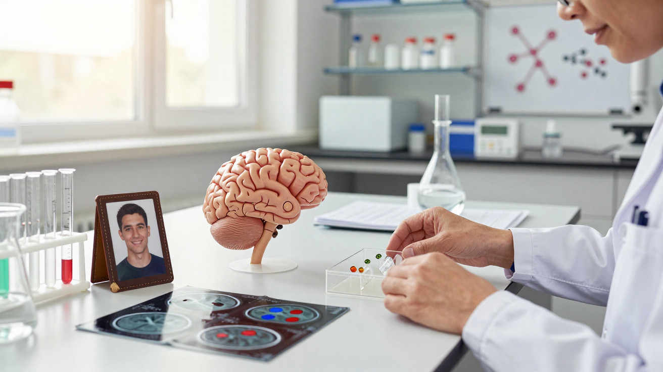 Investigador em laboratório manuseia amostras com modelo de cérebro e imagens de ressonância magnética na mesa.