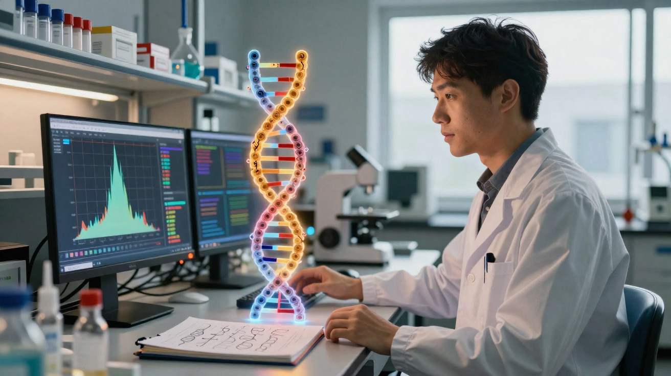 Cientista em laboratório analisa dados genéticos em computador, com modelo digital de ADN ao centro.