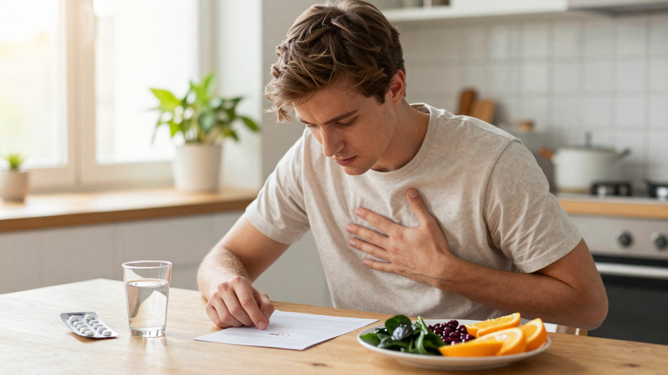 Homem com mão no peito lê prescrição médica sentado à mesa com comida, remédios e copo de água na cozinha.