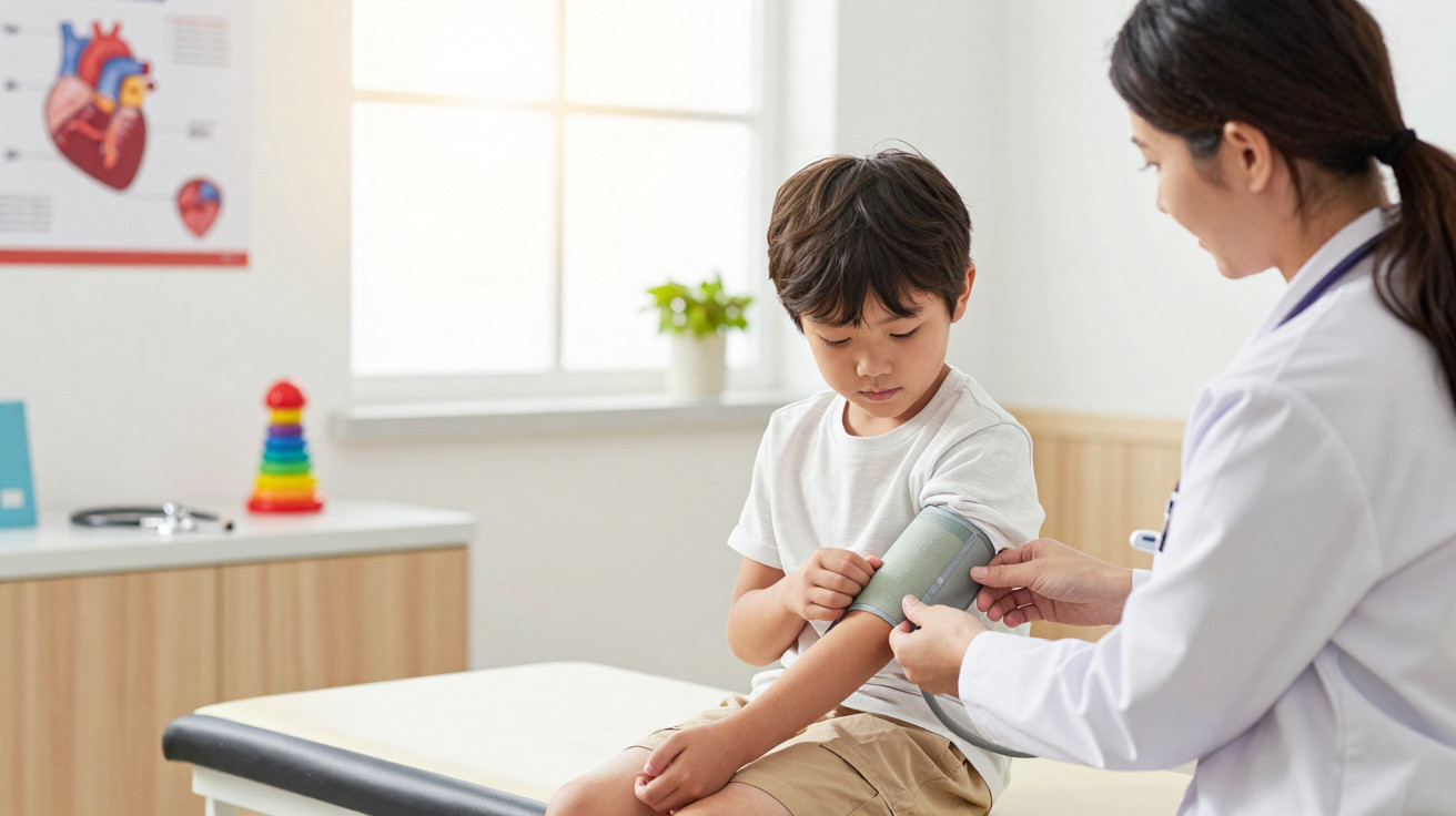 Médica a medir a pressão arterial de um menino numa clínica pediátrica iluminada e acolhedora.