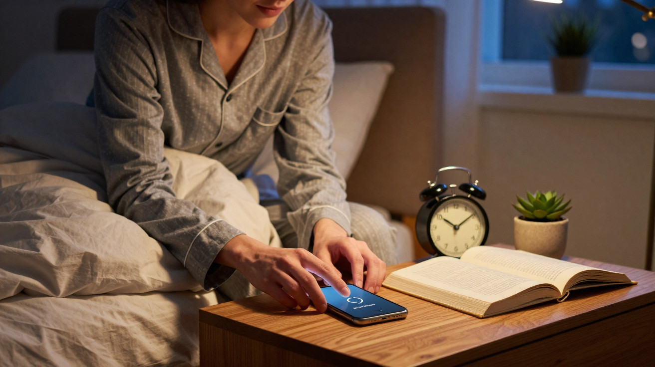 Pessoa de pijama em cima da cama a desligar o alarme no telemóvel numa mesa de cabeceira com livro e relógio.