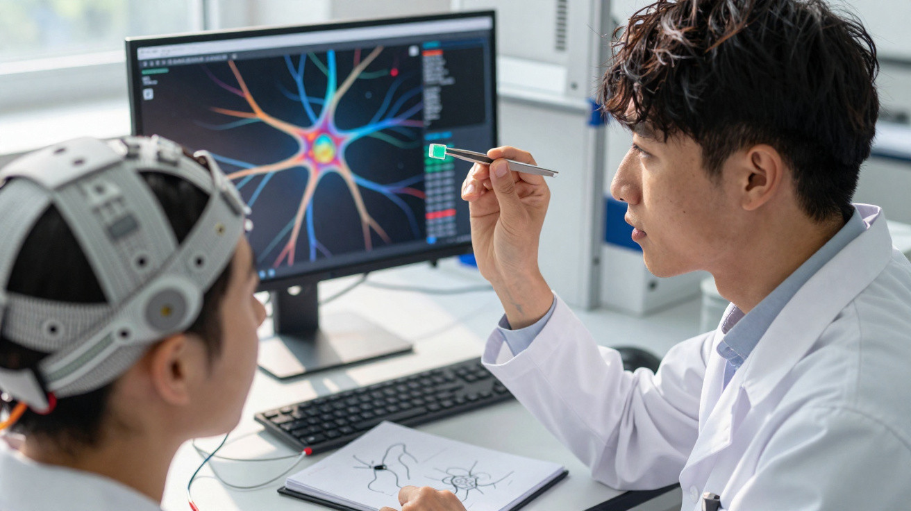 Cientista mostra slide com neurônio a paciente com electroencefalograma para estudo cerebral.