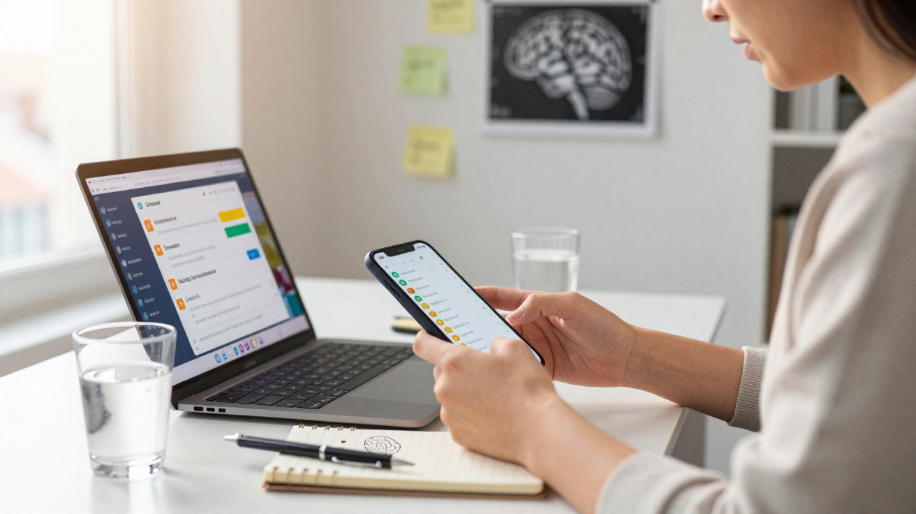 Mulher sentada a usar smartphone com computador portátil e bloco de notas numa mesa branca.
