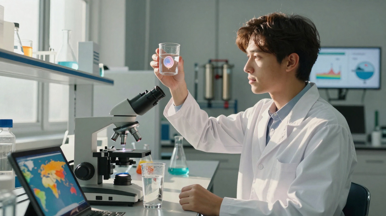 Jovem cientista num laboratório a analisar um copo com líquido transparente à luz natural, com microscópio e computador.