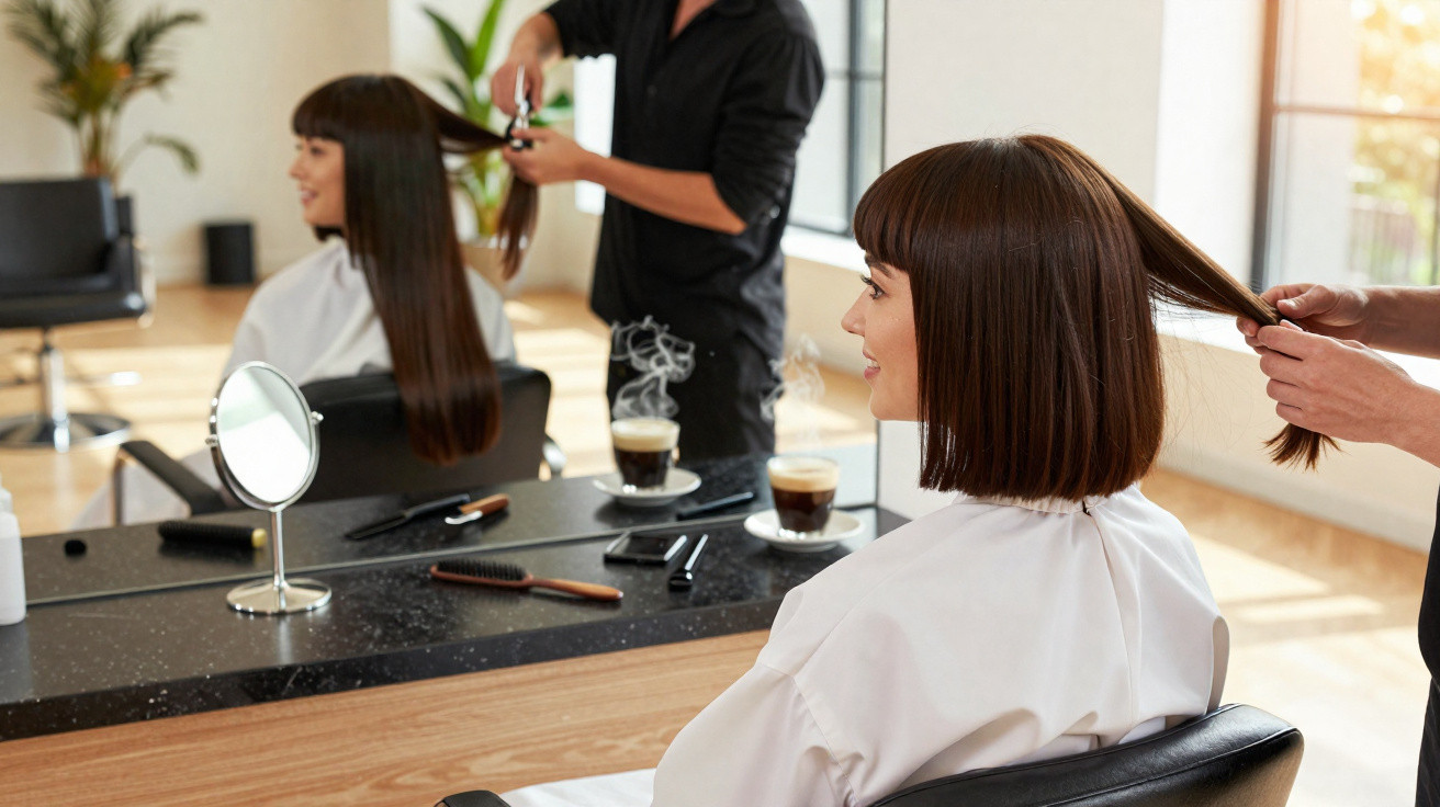 Mulher sorridente sentada no cabeleireiro a preparar-se para um corte de cabelo com cabeleireiro.