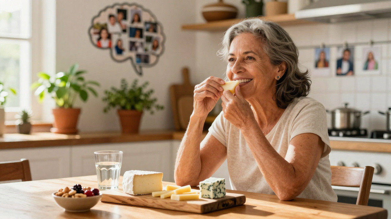 Mulher idosa sorridente a comer queijo numa cozinha com tábua de queijos e copo de água à frente.