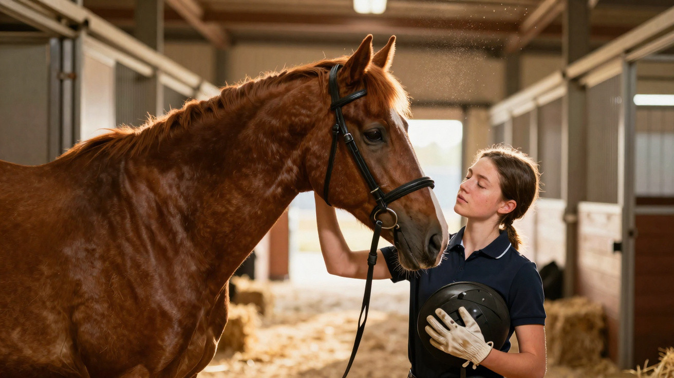 Jovem com capacete e luvas abraça cavalo castanho numa equestre estável cheia de feno.