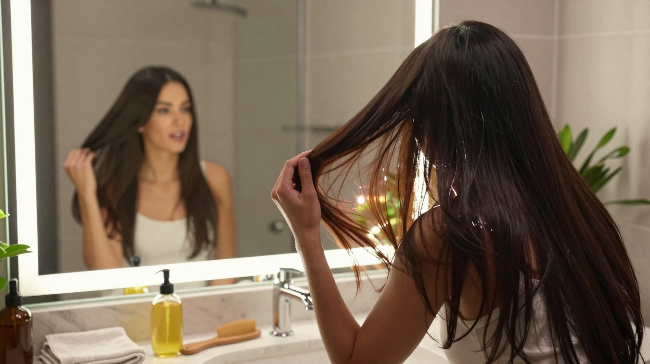 Mulher a olhar para o cabelo no espelho do banheiro, a segurar fios de cabelo com as mãos.