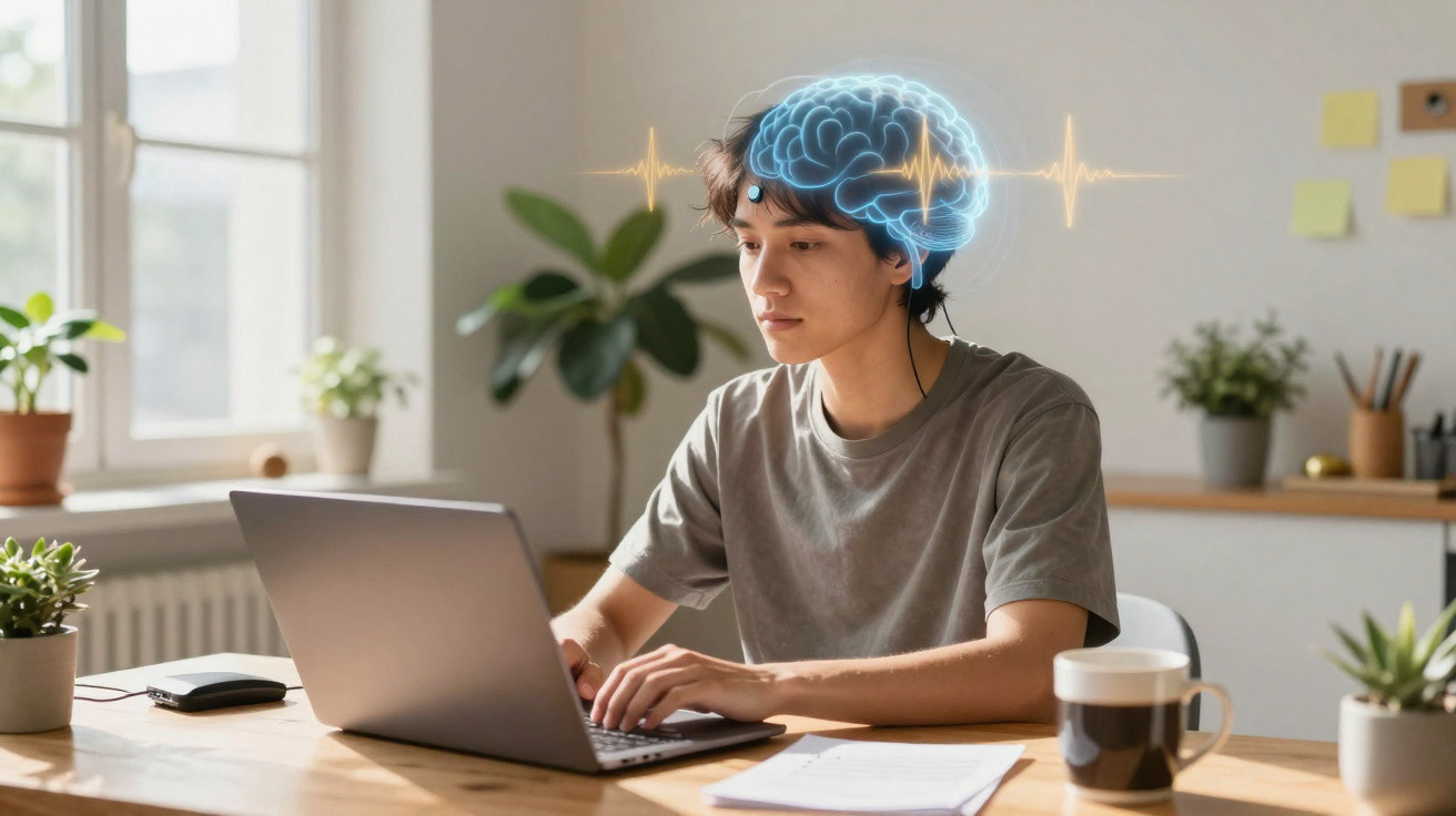 Jovem a trabalhar no computador com ilustração digital de cérebro e ondas cerebrais sobre a cabeça.