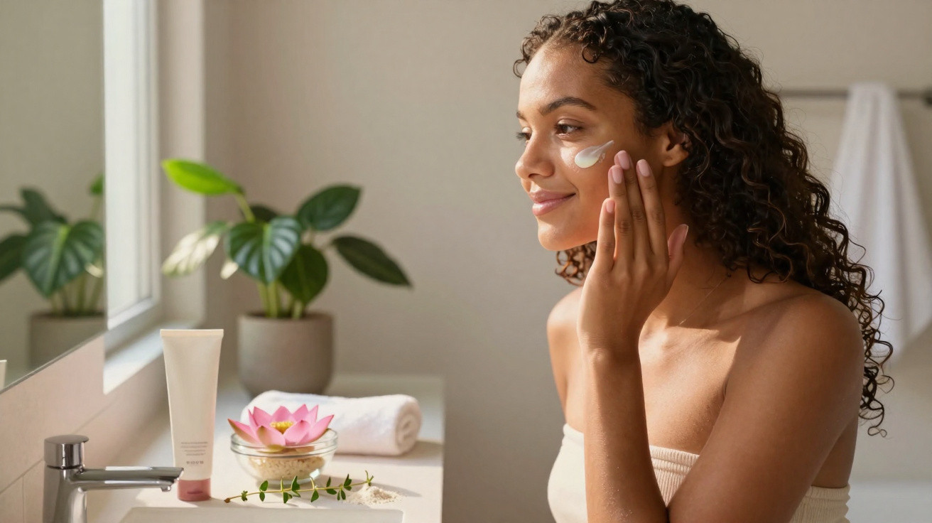 Mulher a aplicar creme facial com planta e toalha ao fundo numa casa de banho luminosa.