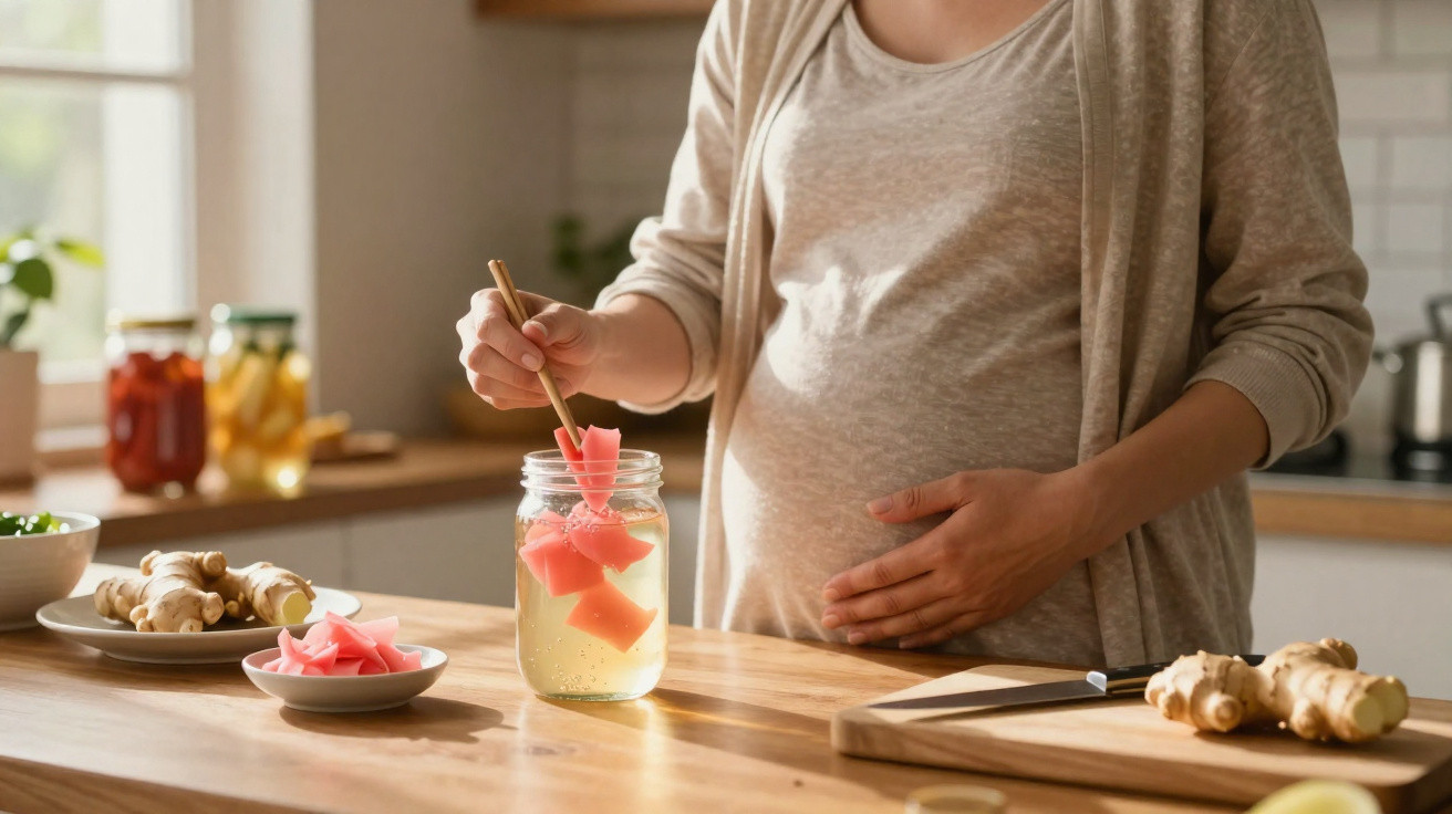 Mulher grávida prepara bebida com pedaços de fruta e gengibre numa cozinha iluminada.