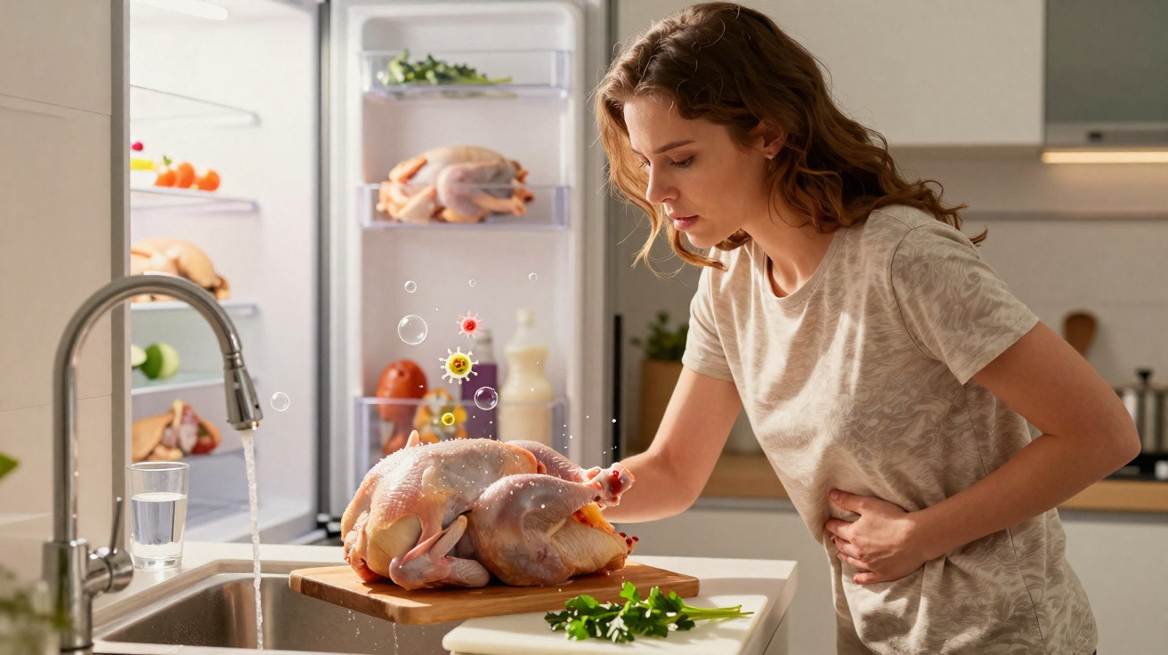 Mulher com dor a lavar frango cru na cozinha, destacando perigo de contaminação alimentar.