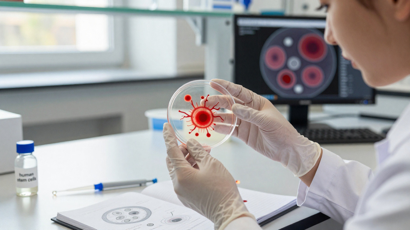 Cientista com luvas a analisar cultura celular vermelha numa placa de Petri num laboratório.