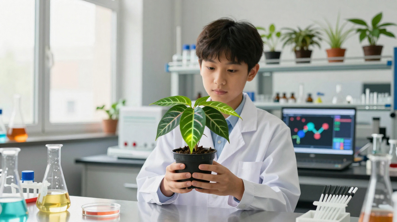 Criança com bata de laboratório segura planta em vaso num laboratório com equipamentos científicos.