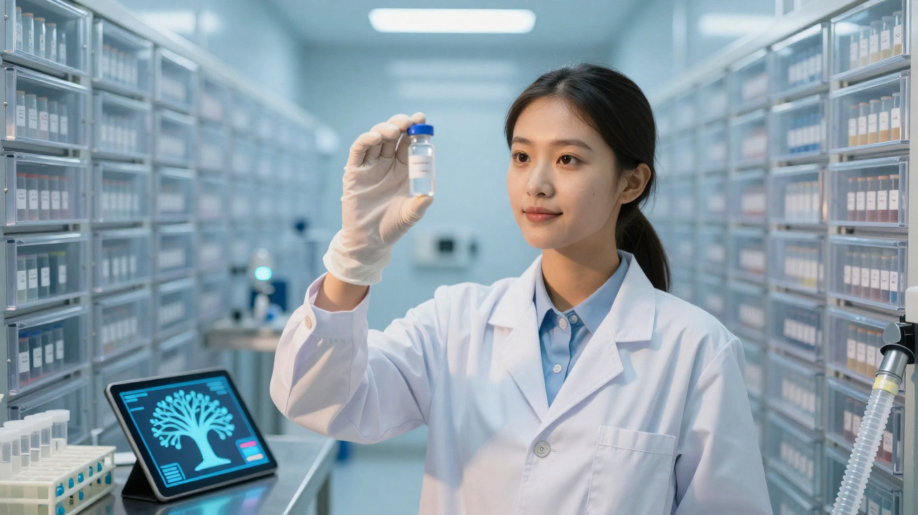 Cientista em laboratório com bata branca e luvas examina frasco com líquido transparente.
