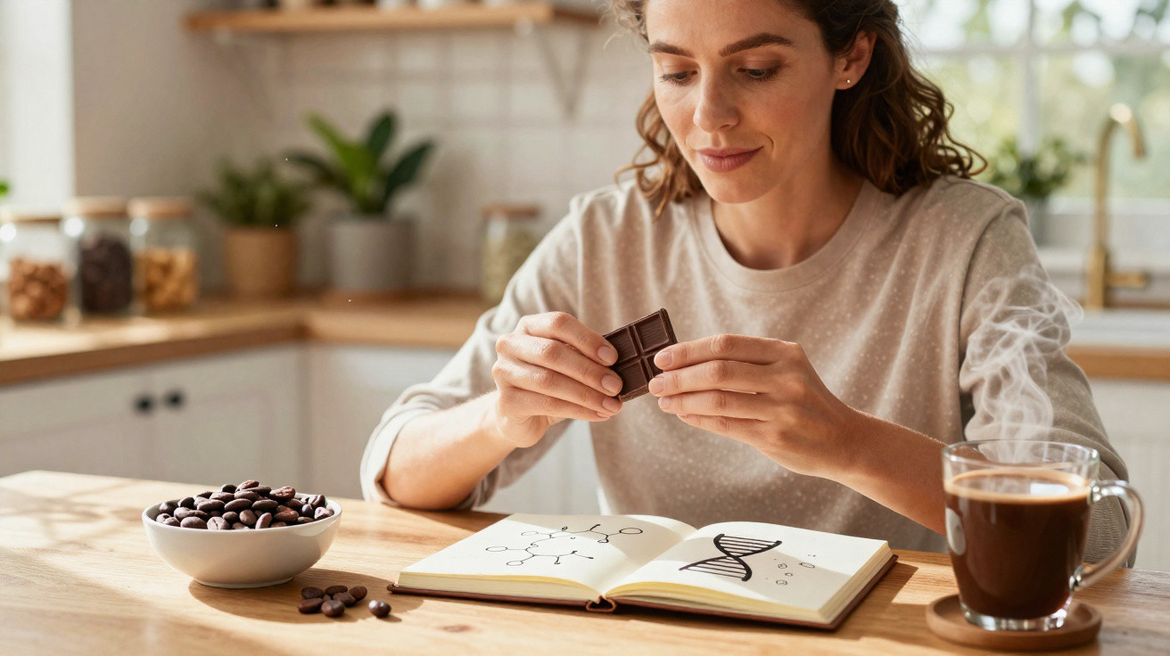 Mulher a partir pedaço de chocolate enquanto estuda ciência em livro, com café quente na mesa.