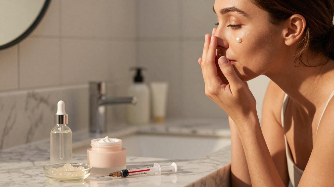 Mulher a aplicar creme facial num rosto, com produtos de cuidado da pele numa bancada de mármore.
