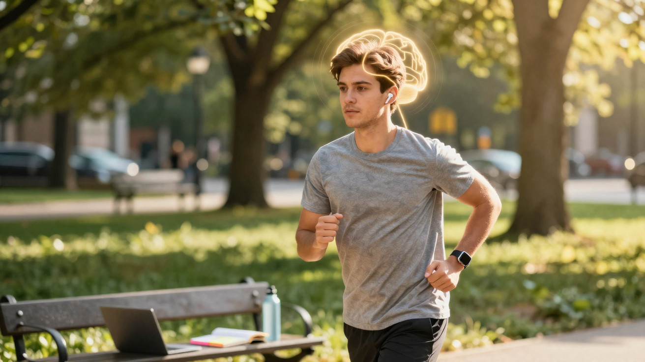 Homem jovem a correr num parque, com auriculares e relógio inteligente, luzes a desenhar a volta da cabeça.