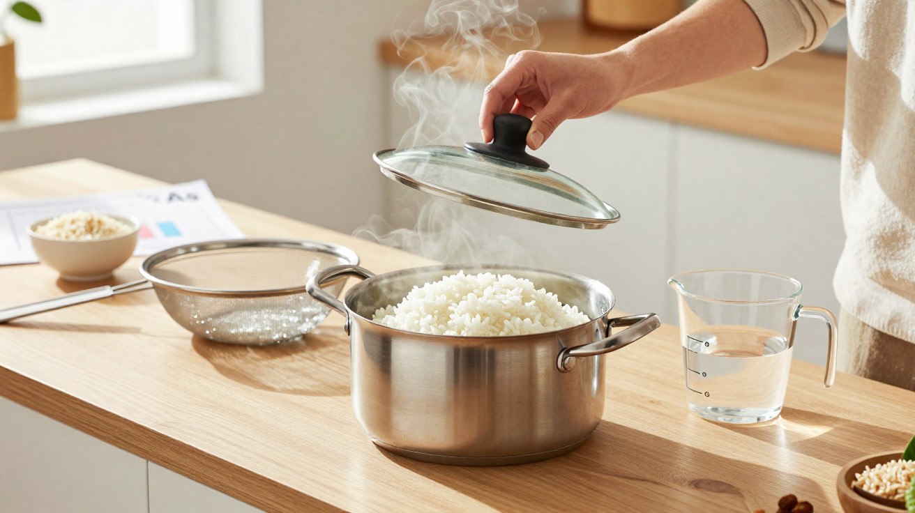 Mão a retirar a tampa de panela com arroz cozido a vapor numa cozinha moderna e luminosa.