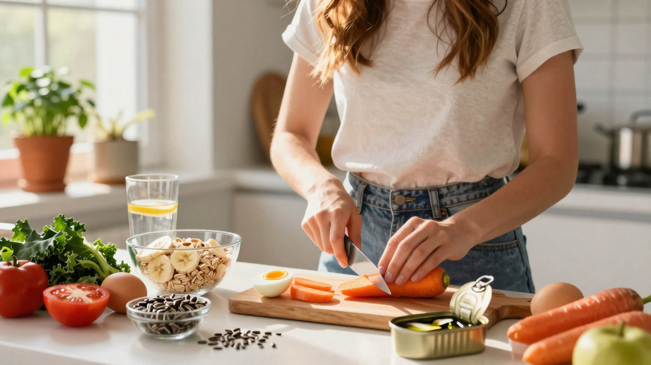 Mulher a cortar cenoura numa cozinha com vegetais, ovos e snacks saudáveis sobre a bancada.