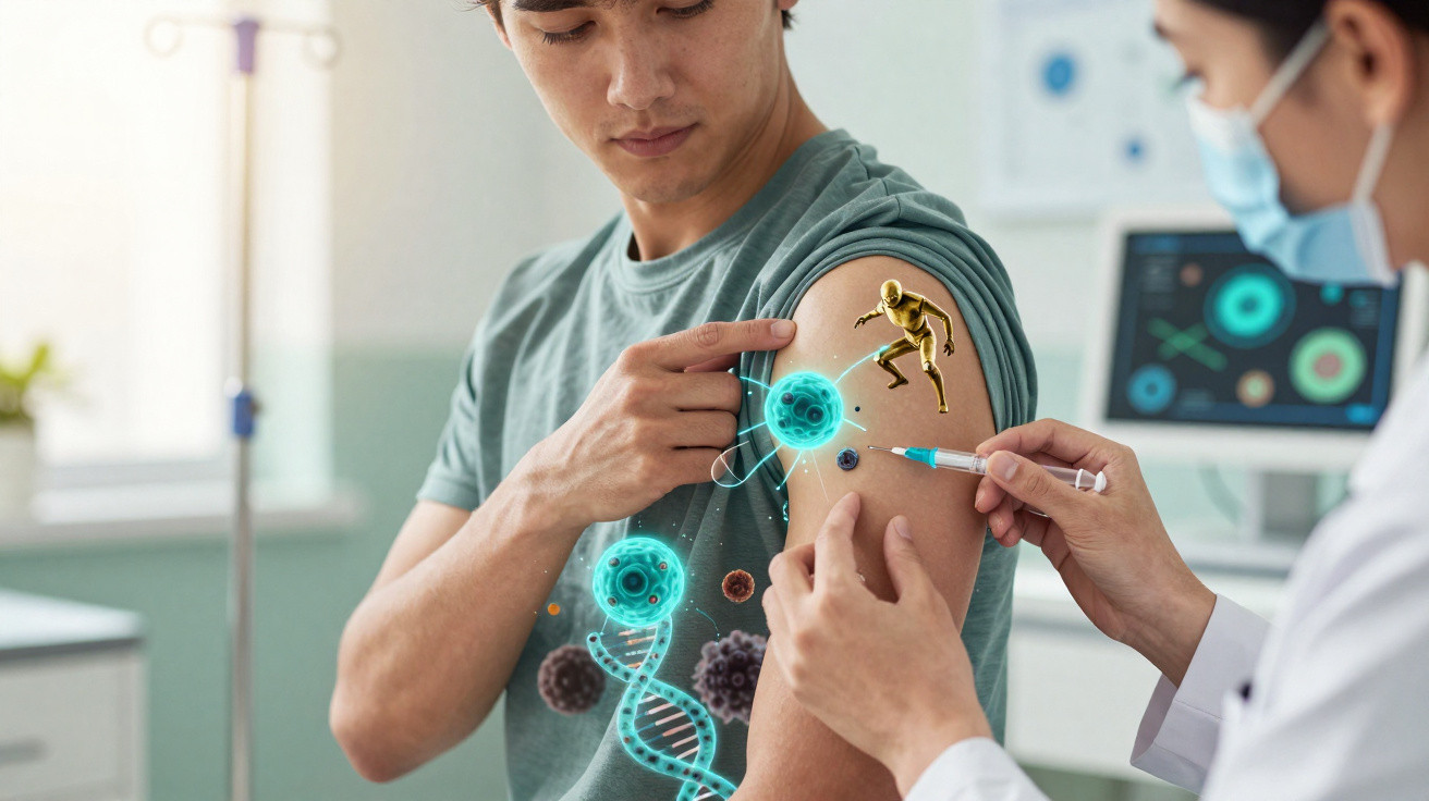 Homem a receber vacina no braço com ilustrações digitais de células e DNA.