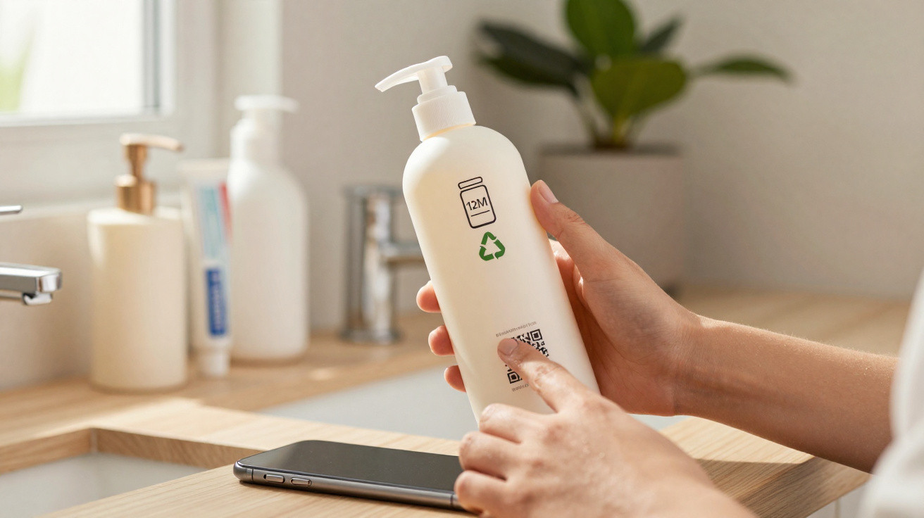 Pessoa a segurar um frasco branco com dispensador, lê instruções em casa de banho moderna com telemóvel na bancada.